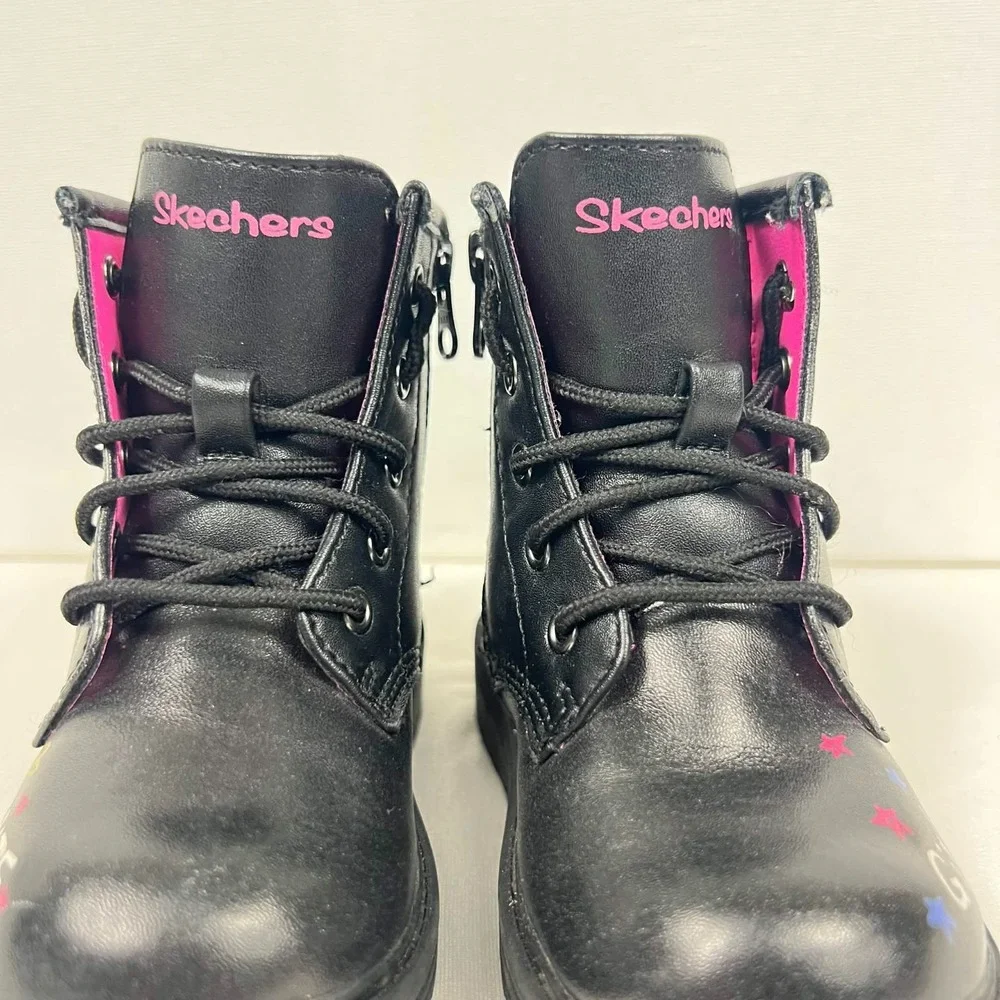 GUC Skechers Black Rainbow Doodle Combat Boots Girls Toddler Size 6